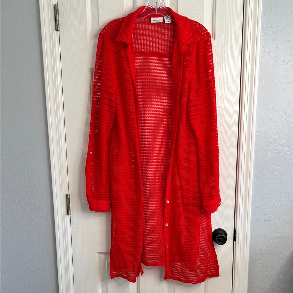 Haute Hippie Style red long sleeve button up swim coverup open knit Large - Picture 5 of 11